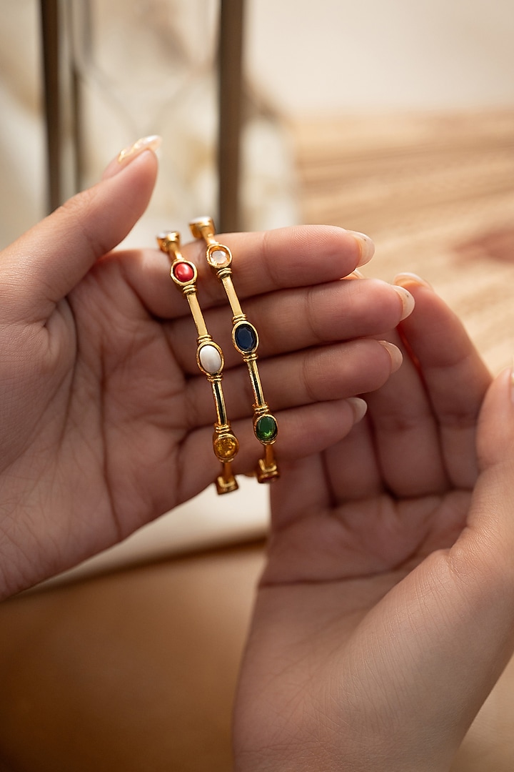 Gold Plated Multi-Colored Natural Stones Bangles (Set Of 2) by Do Taara at Pernia's Pop Up Shop