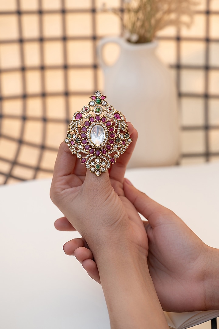 Gold Plated Kundan Polki & Red Garnet Stone Brooch by Do Taara at Pernia's Pop Up Shop