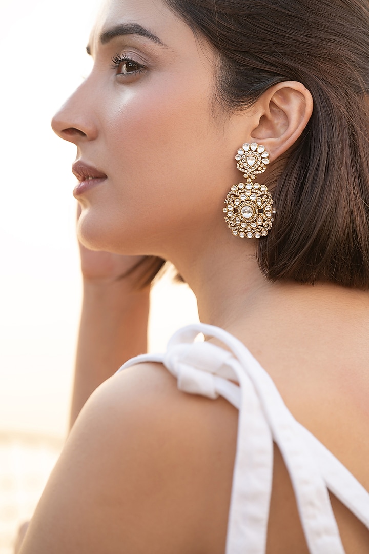 Gold Plated Kundan Polki & Cubic Zirconia Dangler Earrings by Do Taara at Pernia's Pop Up Shop