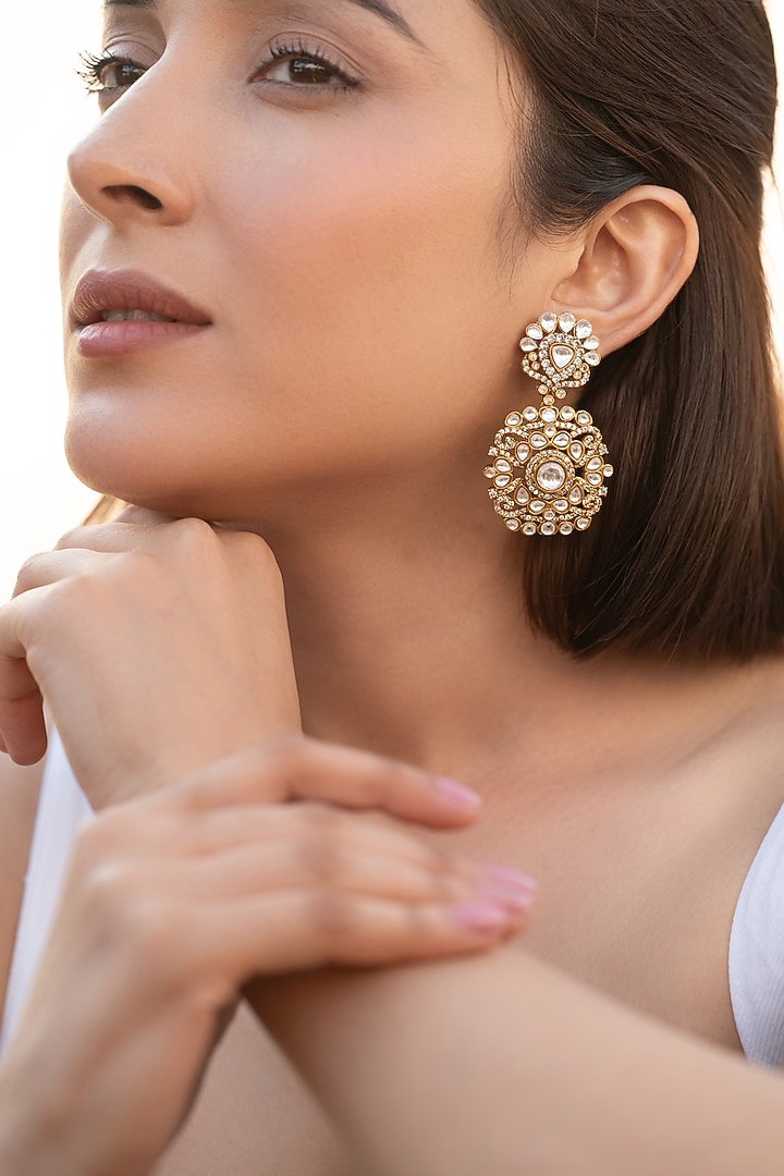 Gold Plated Kundan Polki & Cubic Zirconia Dangler Earrings by Do Taara at Pernia's Pop Up Shop