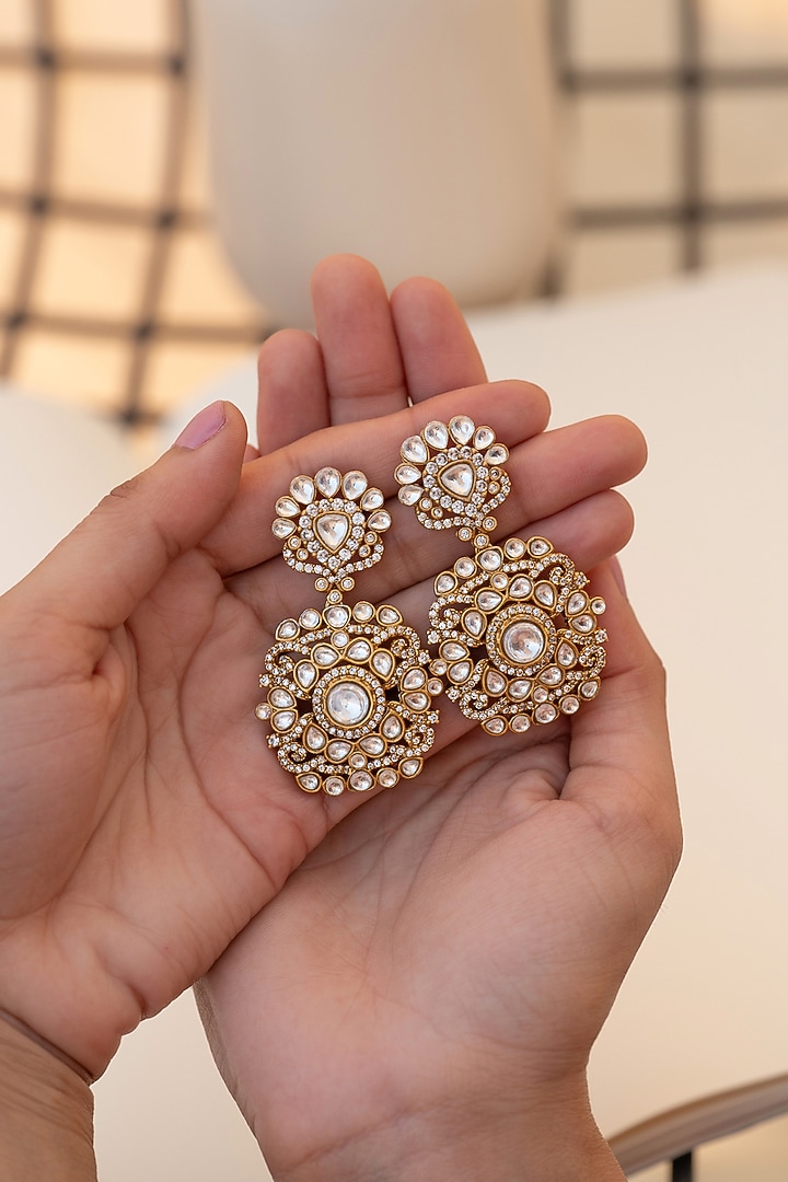 Gold Plated Kundan Polki & Cubic Zirconia Dangler Earrings by Do Taara at Pernia's Pop Up Shop