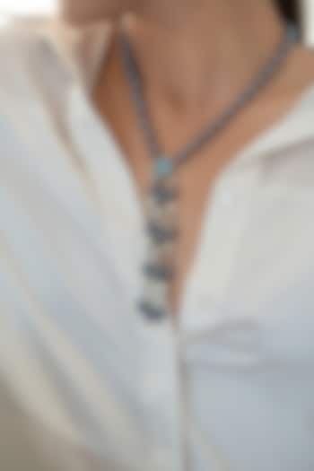 Black Rhodium Finish Kundan Polki & Grey Pearl Floral Pendant Necklace by Do Taara at Pernia's Pop Up Shop