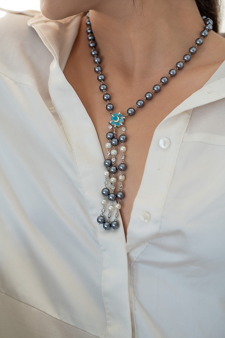 Black Rhodium Finish Kundan Polki & Grey Pearl Floral Pendant Necklace by Do Taara at Pernia's Pop Up Shop