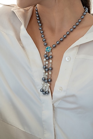 Black Rhodium Finish Kundan Polki & Grey Pearl Floral Pendant Necklace by Do Taara