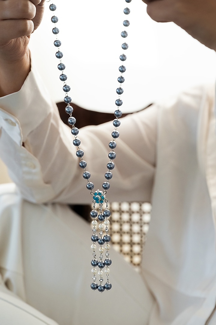 Black Rhodium Finish Kundan Polki & Grey Pearl Floral Pendant Necklace by Do Taara at Pernia's Pop Up Shop