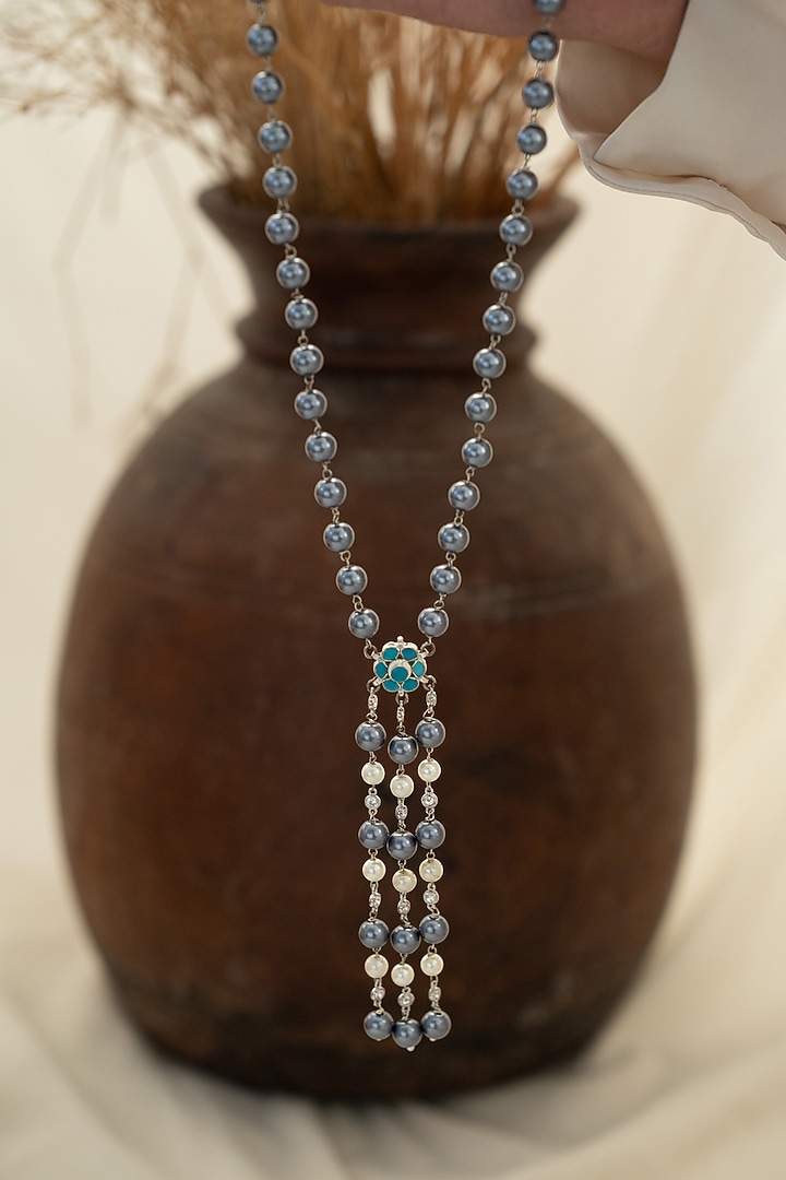 Black Rhodium Finish Kundan Polki & Grey Pearl Floral Pendant Necklace by Do Taara at Pernia's Pop Up Shop