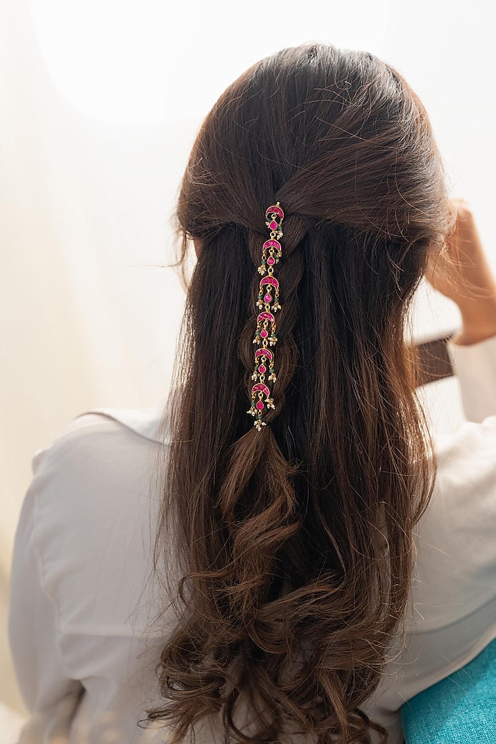 Gold Plated Pink Kundan Polki & Pearl Braid Pin by Do Taara at Pernia's Pop Up Shop