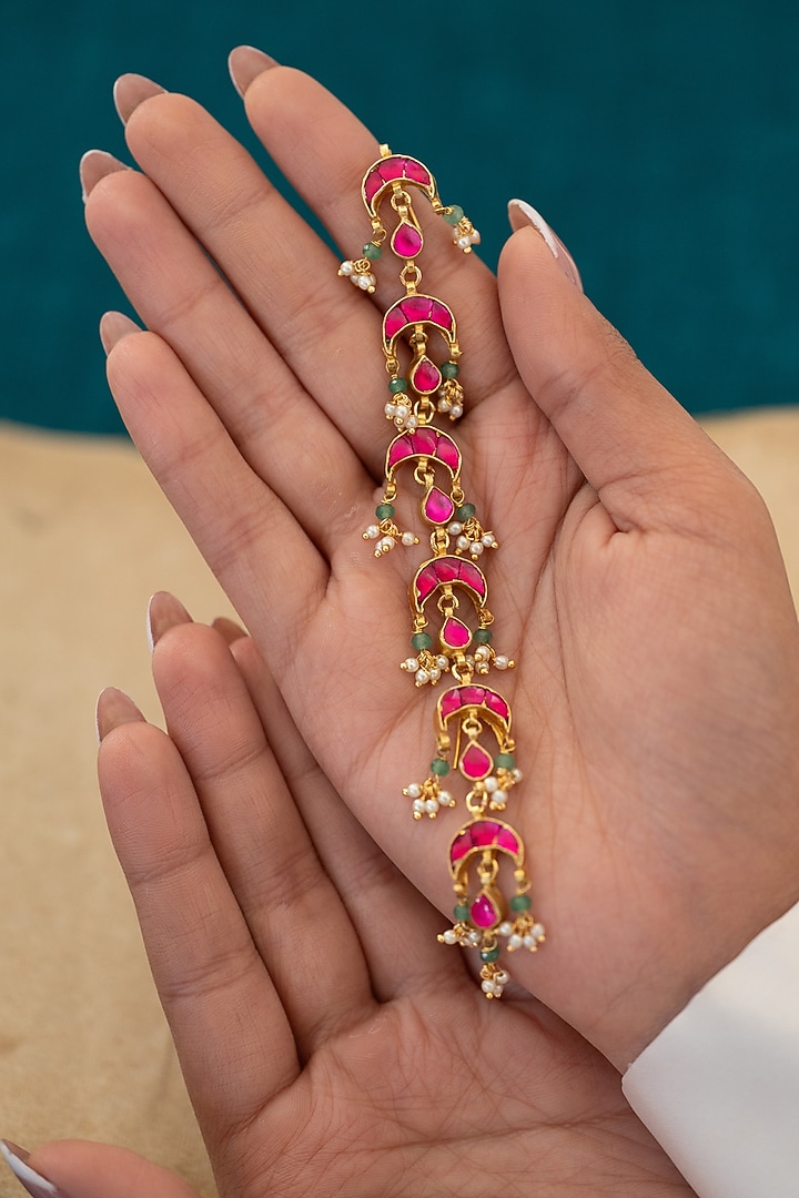 Gold Plated Pink Kundan Polki & Pearl Braid Pin by Do Taara at Pernia's Pop Up Shop