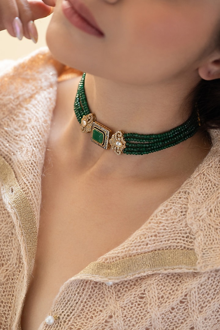 Gold Plated Kundan Polki & Onyx Choker Necklace by Do Taara at Pernia's Pop Up Shop