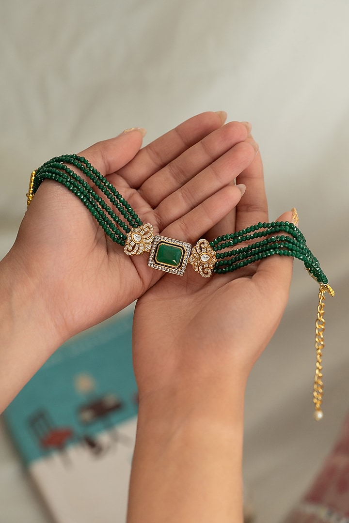Gold Plated Kundan Polki & Onyx Choker Necklace by Do Taara at Pernia's Pop Up Shop