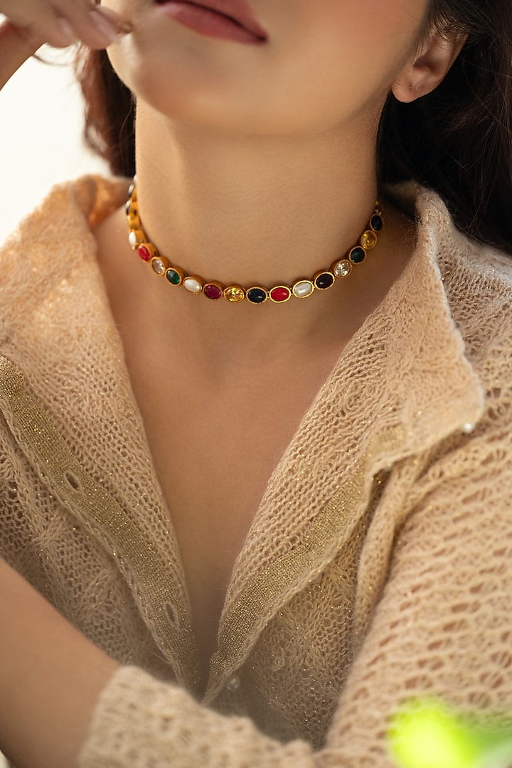 Gold Plated Multi-Colored Natural Stone Necklace by Do Taara at Pernia's Pop Up Shop