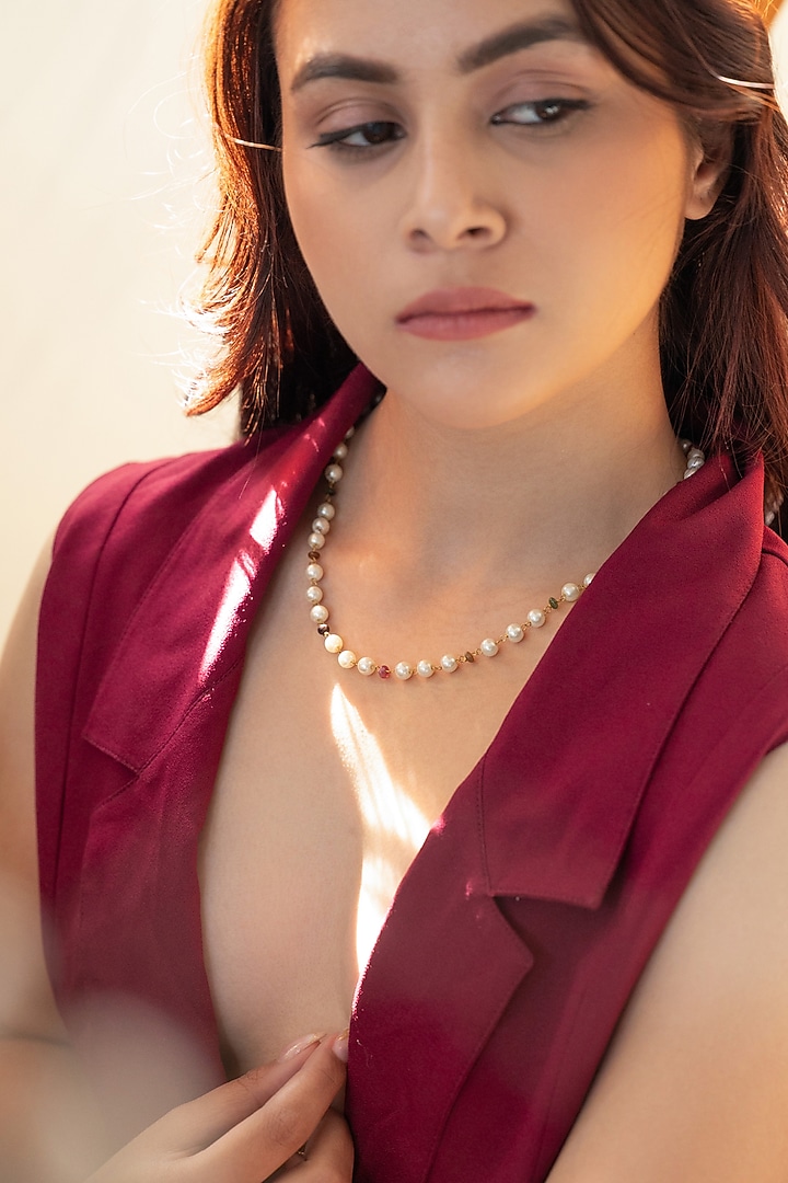 Gold Plated Pearl & Tourmaline Stone Necklace by Do Taara at Pernia's Pop Up Shop