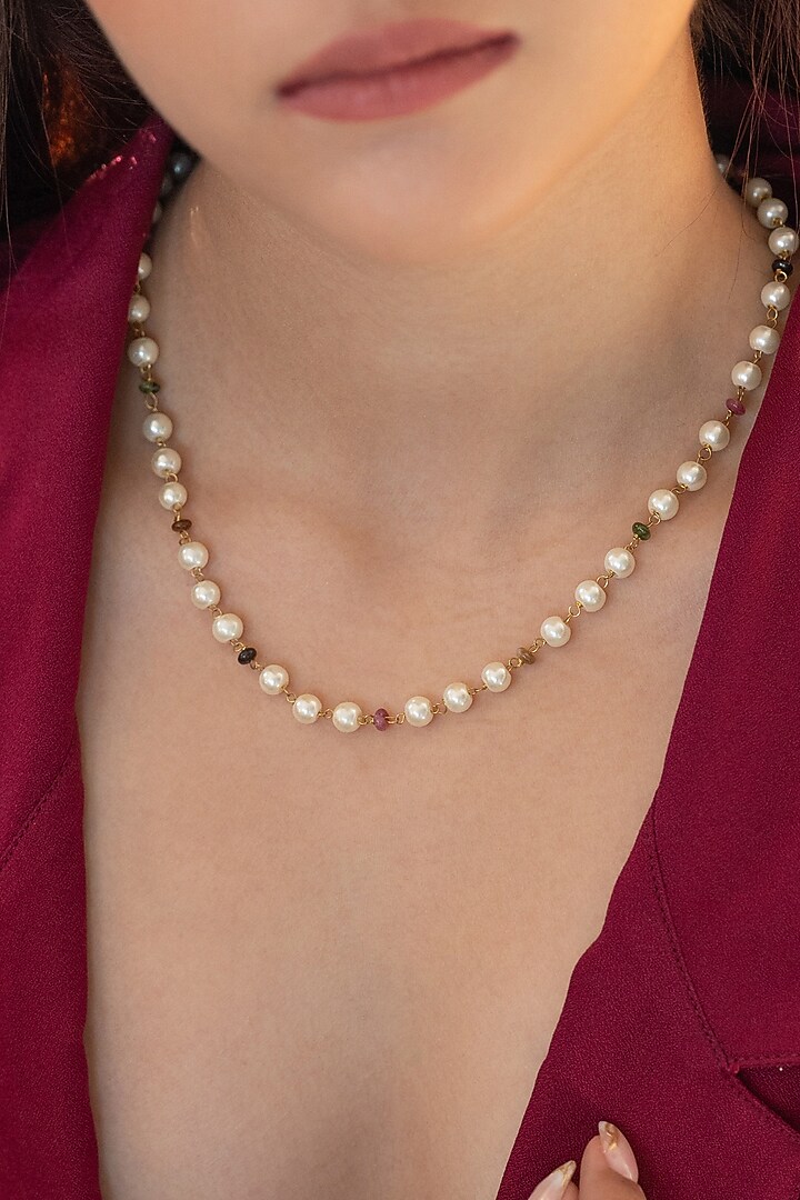 Gold Plated Pearl & Tourmaline Stone Necklace by Do Taara at Pernia's Pop Up Shop