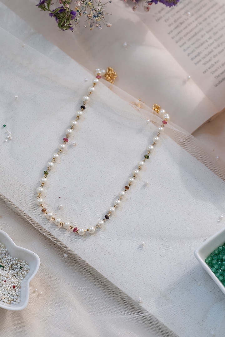 Gold Plated Pearl & Tourmaline Stone Necklace by Do Taara at Pernia's Pop Up Shop