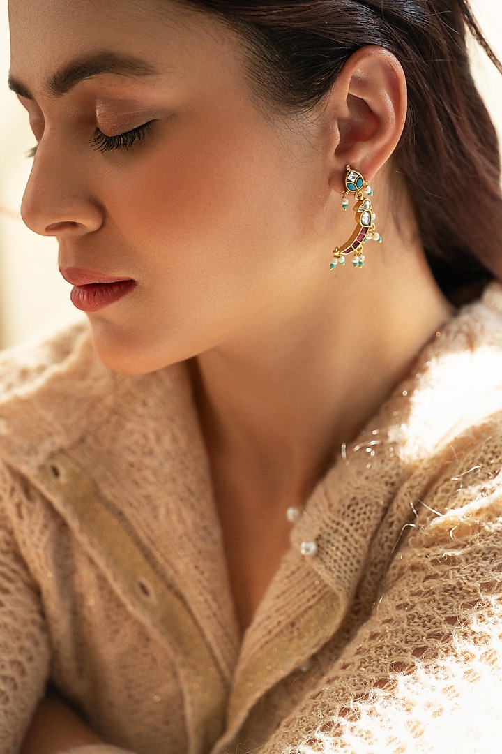 Gold Plated Kundan Polki & Red Stone Dangler Earrings by Do Taara at Pernia's Pop Up Shop