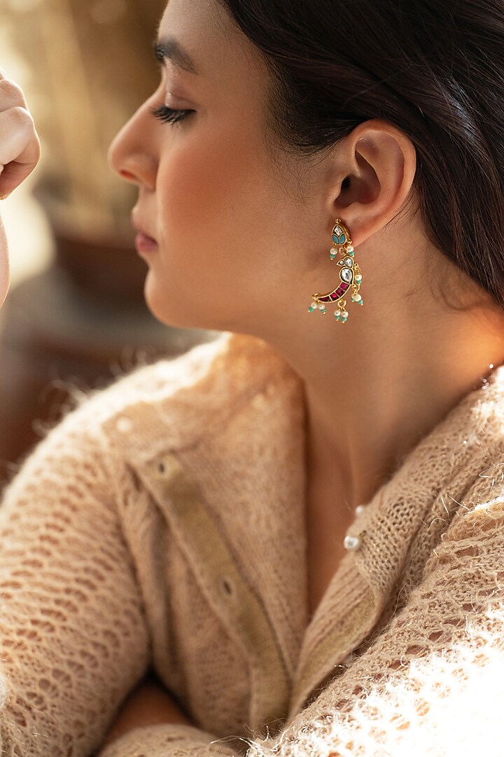 Gold Plated Kundan Polki & Red Stone Dangler Earrings by Do Taara at Pernia's Pop Up Shop