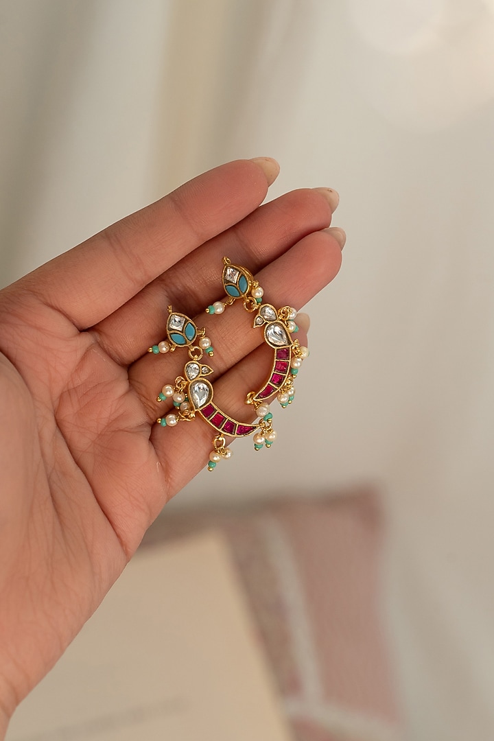 Gold Plated Kundan Polki & Red Stone Dangler Earrings by Do Taara at Pernia's Pop Up Shop