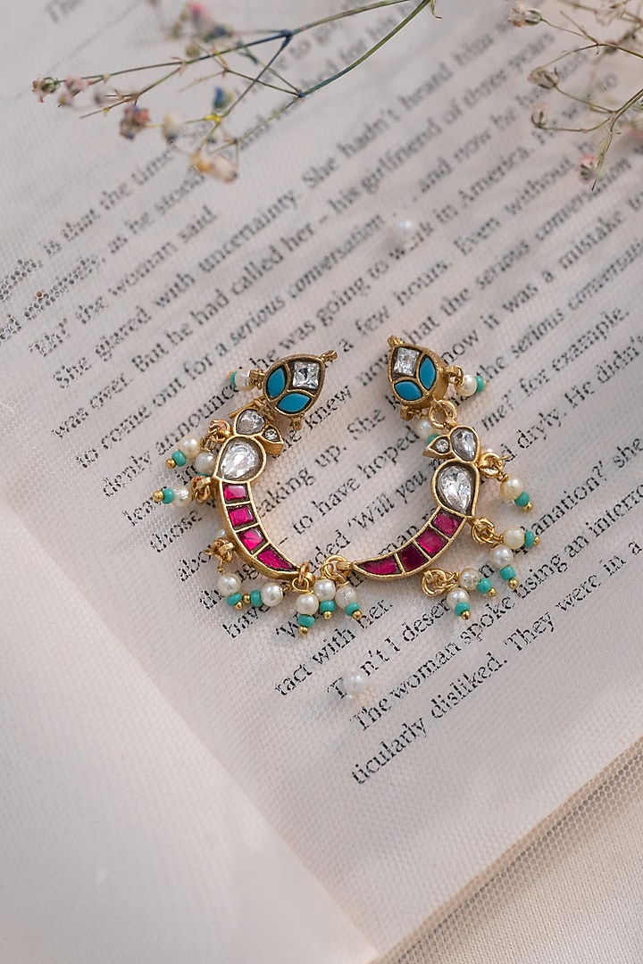 Gold Plated Kundan Polki & Red Stone Dangler Earrings by Do Taara at Pernia's Pop Up Shop