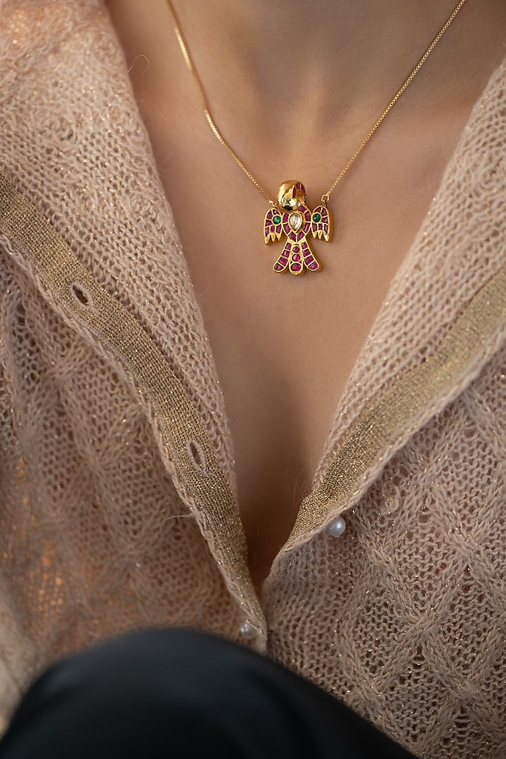 Gold Plated Red Kundan Polki Bird Pendant Necklace by Do Taara at Pernia's Pop Up Shop
