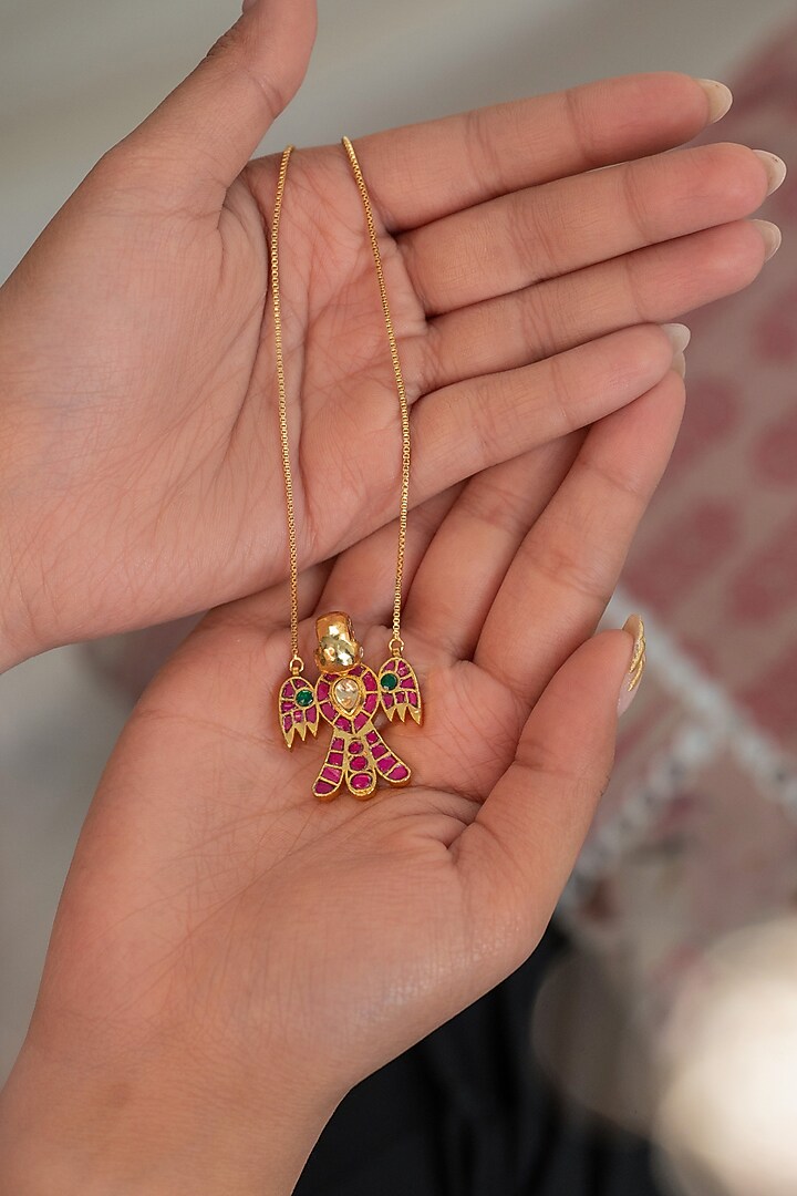 Gold Plated Red Kundan Polki Bird Pendant Necklace by Do Taara at Pernia's Pop Up Shop
