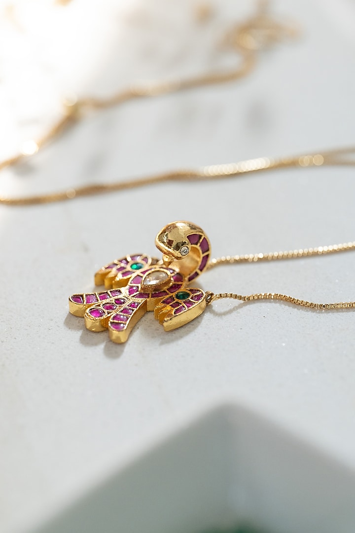 Gold Plated Red Kundan Polki Bird Pendant Necklace by Do Taara at Pernia's Pop Up Shop