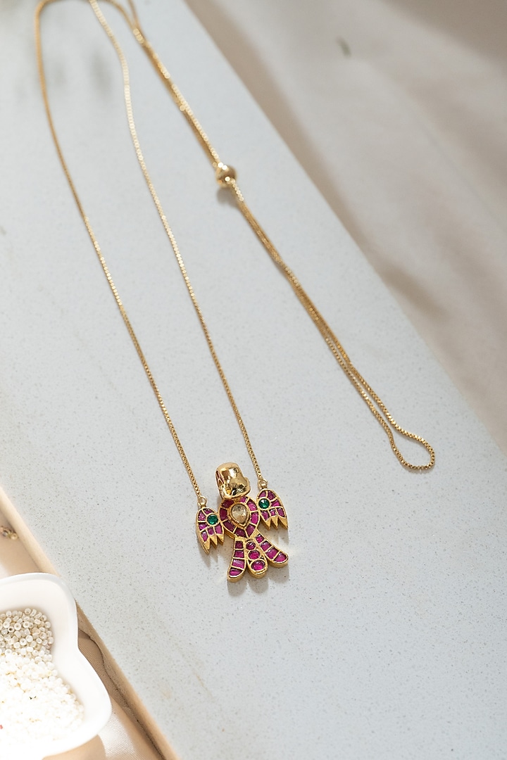 Gold Plated Red Kundan Polki Bird Pendant Necklace by Do Taara at Pernia's Pop Up Shop