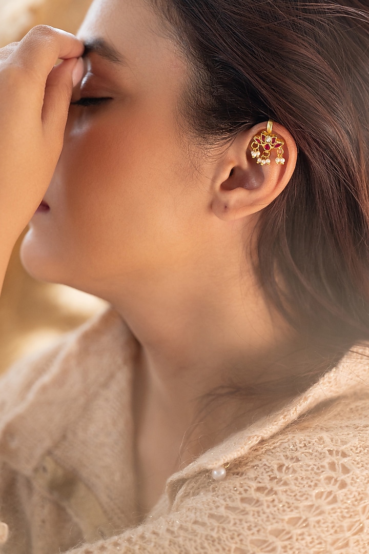 Gold Plated Red Kundan Polki & Pearl Ear Cuffs by Do Taara at Pernia's Pop Up Shop