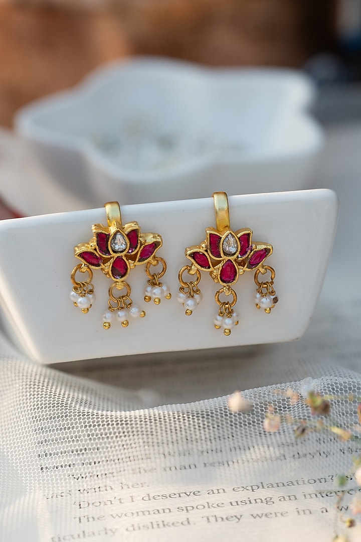 Gold Plated Red Kundan Polki & Pearl Ear Cuffs by Do Taara at Pernia's Pop Up Shop