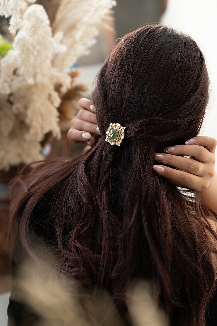 Gold Plated Pink Kundan Polki & Fluorite Stone Braid Pin by Do Taara at Pernia's Pop Up Shop