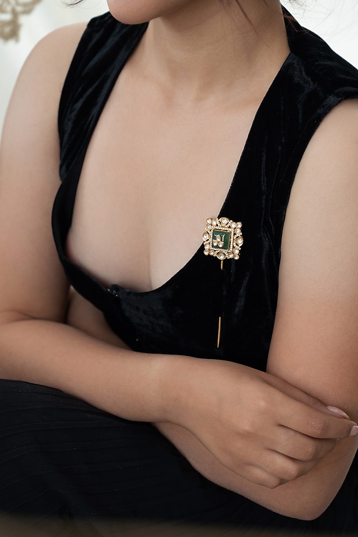 Gold Plated Pink Kundan Polki & Fluorite Stone Braid Pin by Do Taara at Pernia's Pop Up Shop