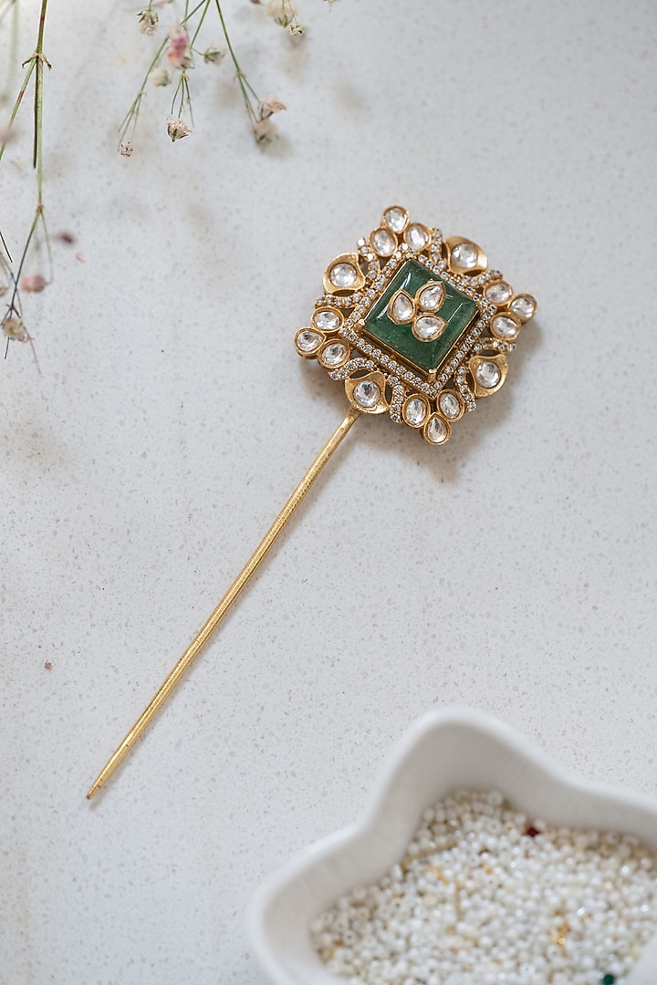 Gold Plated Pink Kundan Polki & Fluorite Stone Braid Pin by Do Taara at Pernia's Pop Up Shop