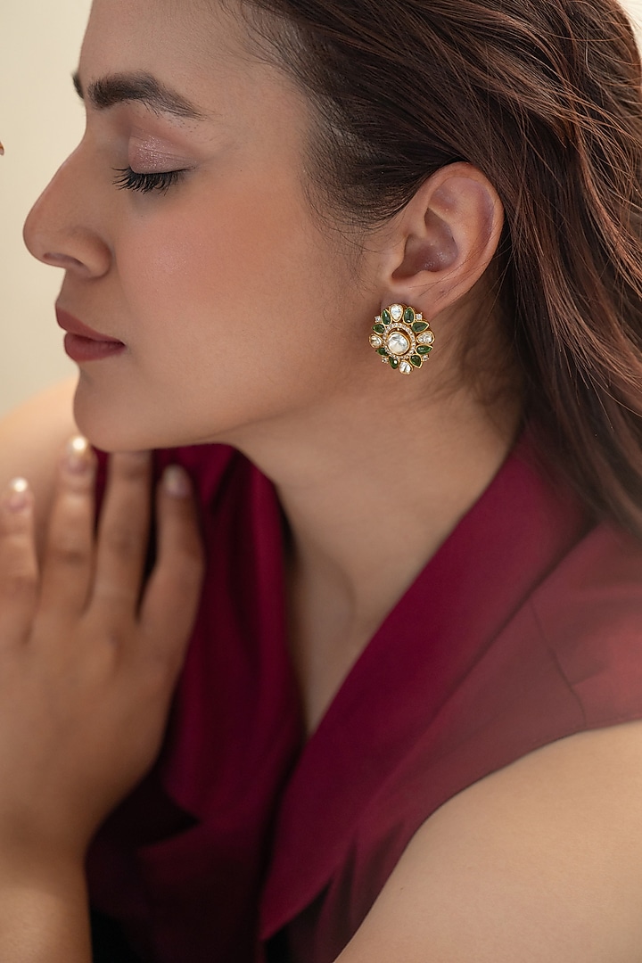 Gold Plated Kundan Polki & Green Garnet Stone Stud Earrings by Do Taara at Pernia's Pop Up Shop