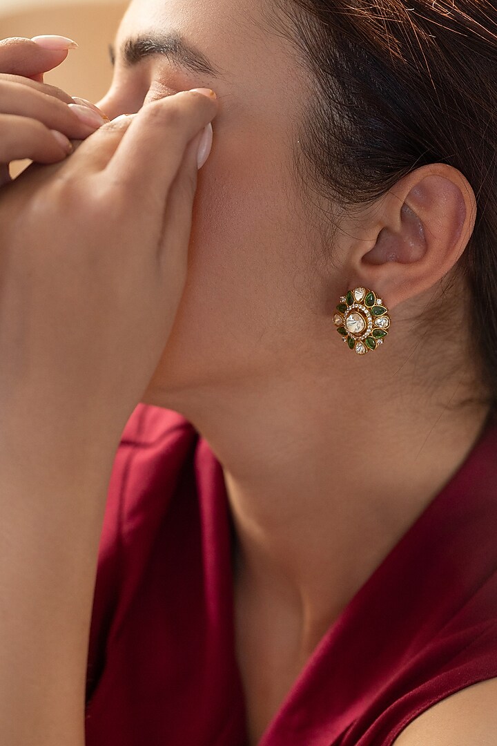 Gold Plated Kundan Polki & Green Garnet Stone Stud Earrings by Do Taara at Pernia's Pop Up Shop