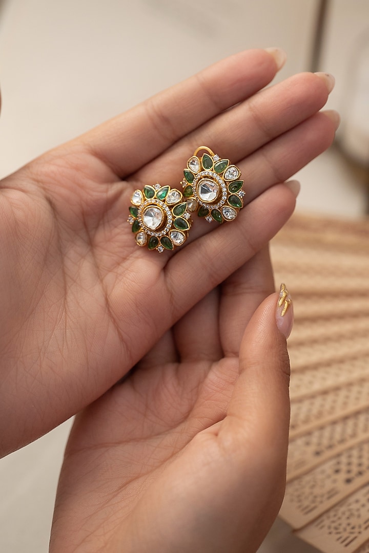 Gold Plated Kundan Polki & Green Garnet Stone Stud Earrings by Do Taara at Pernia's Pop Up Shop