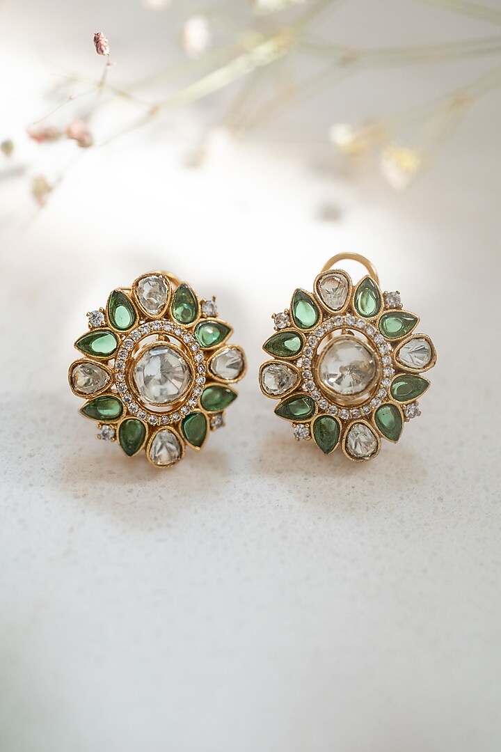 Gold Plated Kundan Polki & Green Garnet Stone Stud Earrings by Do Taara at Pernia's Pop Up Shop