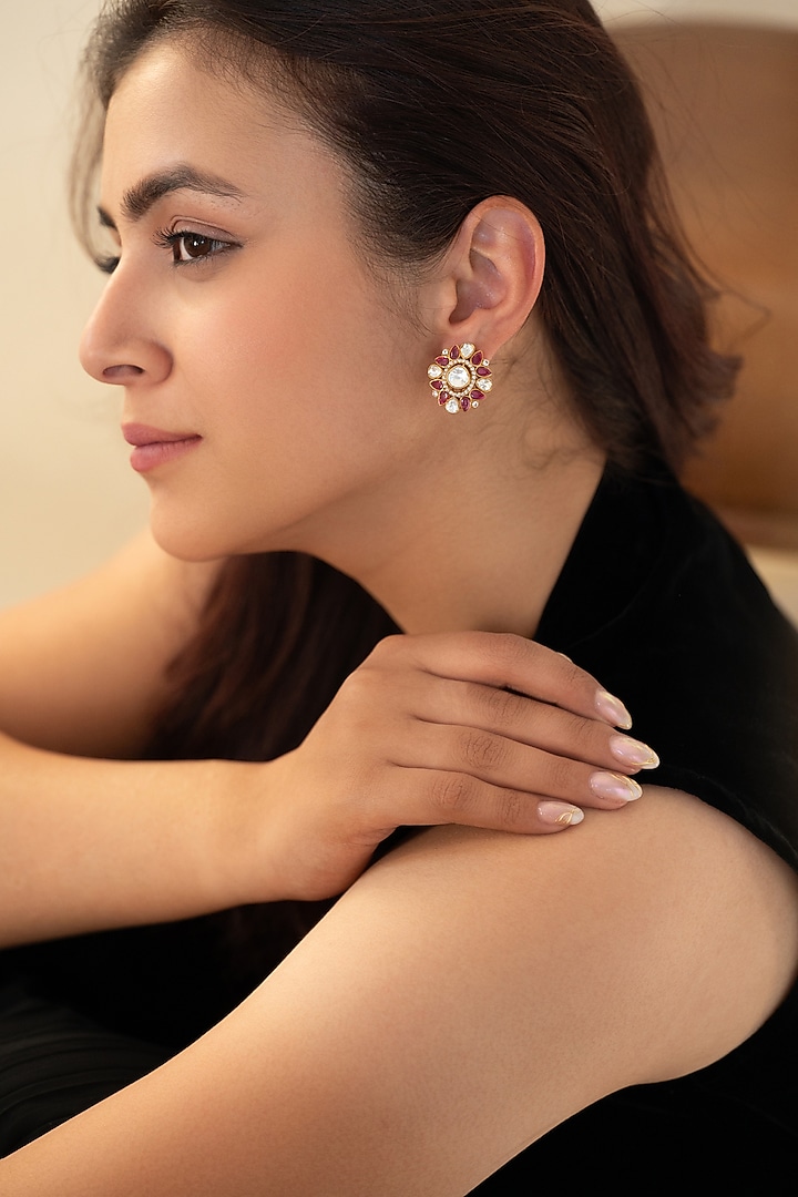 Gold Plated Kundan Polki & Pink Garnet Stone Stud Earrings by Do Taara at Pernia's Pop Up Shop