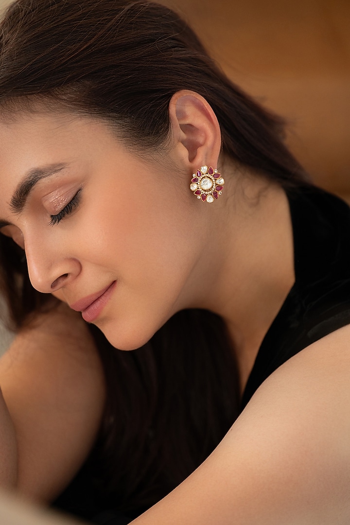 Gold Plated Kundan Polki & Pink Garnet Stone Stud Earrings by Do Taara at Pernia's Pop Up Shop