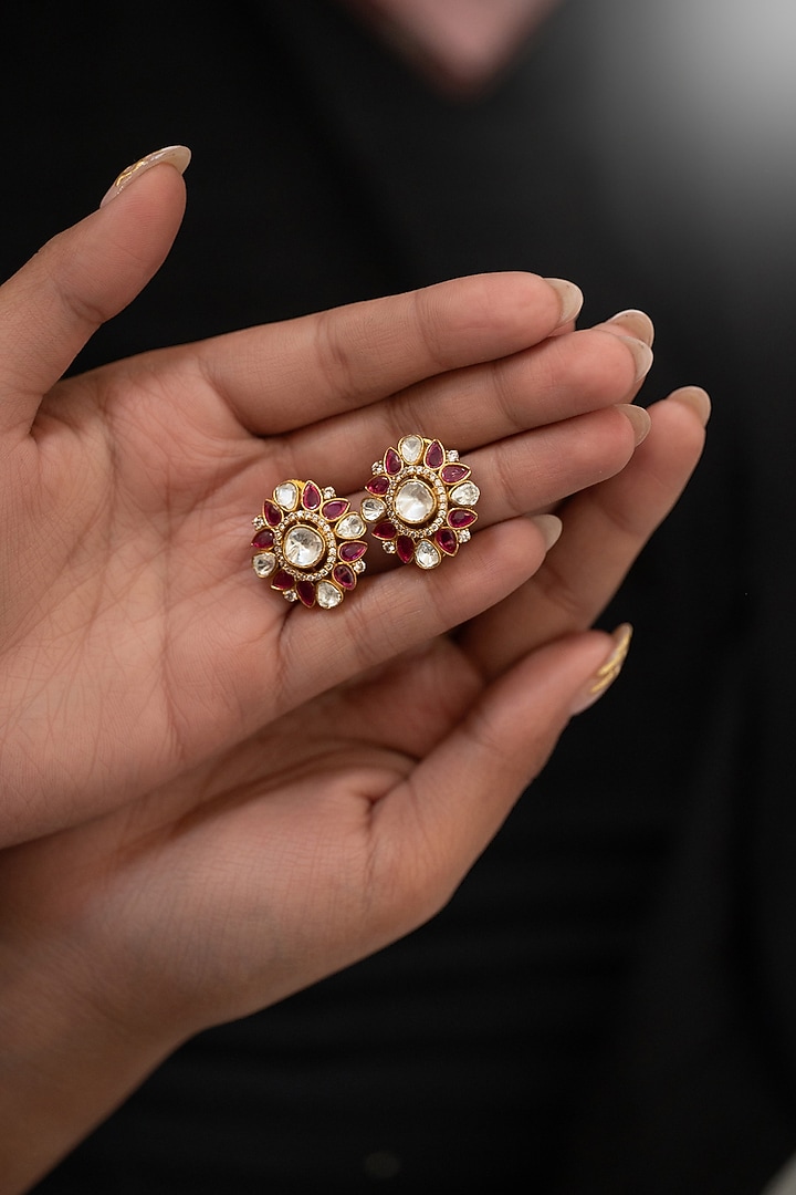 Gold Plated Kundan Polki & Pink Garnet Stone Stud Earrings by Do Taara at Pernia's Pop Up Shop
