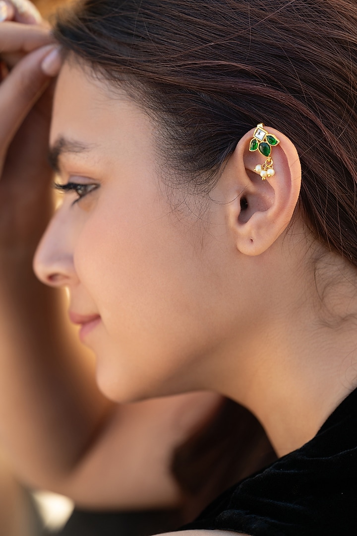 Gold Plated Green Kundan Polki & Pearl Ear Cuffs by Do Taara at Pernia's Pop Up Shop
