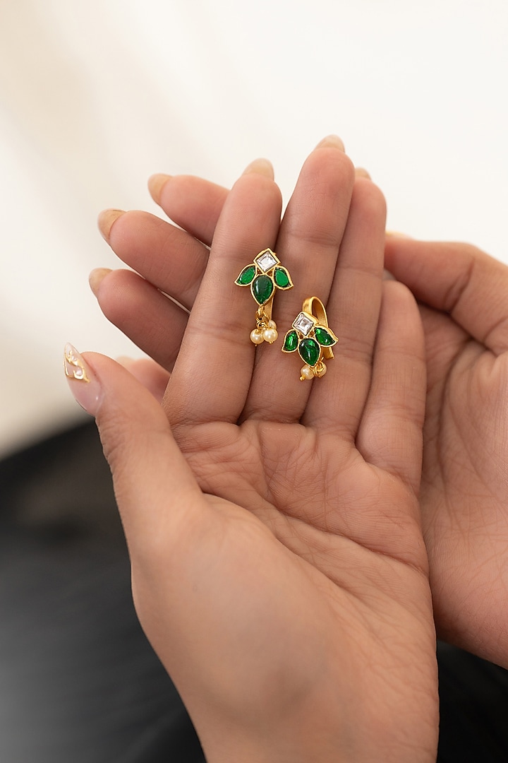 Gold Plated Green Kundan Polki & Pearl Ear Cuffs by Do Taara at Pernia's Pop Up Shop