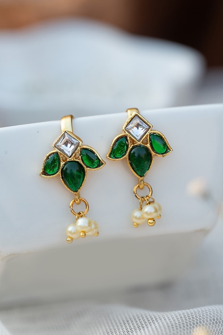 Gold Plated Green Kundan Polki & Pearl Ear Cuffs by Do Taara at Pernia's Pop Up Shop