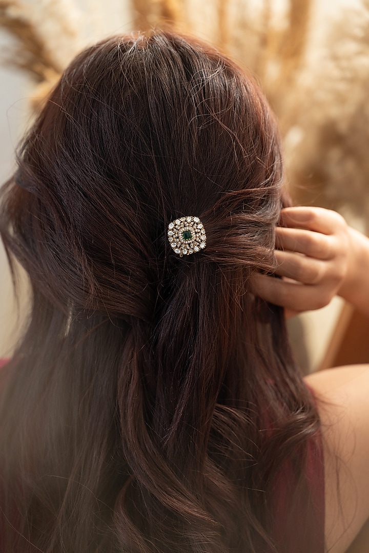 Gold Plated Kundan Polki & Green Stone Braid Pin by Do Taara at Pernia's Pop Up Shop