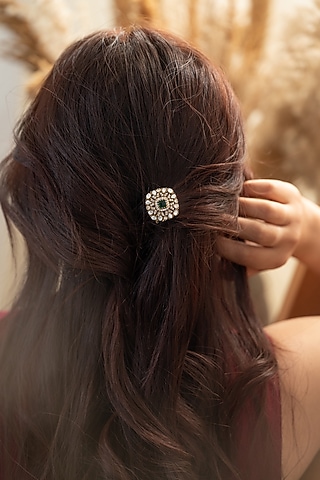 Gold Plated Kundan Polki & Green Stone Braid Pin by Do Taara