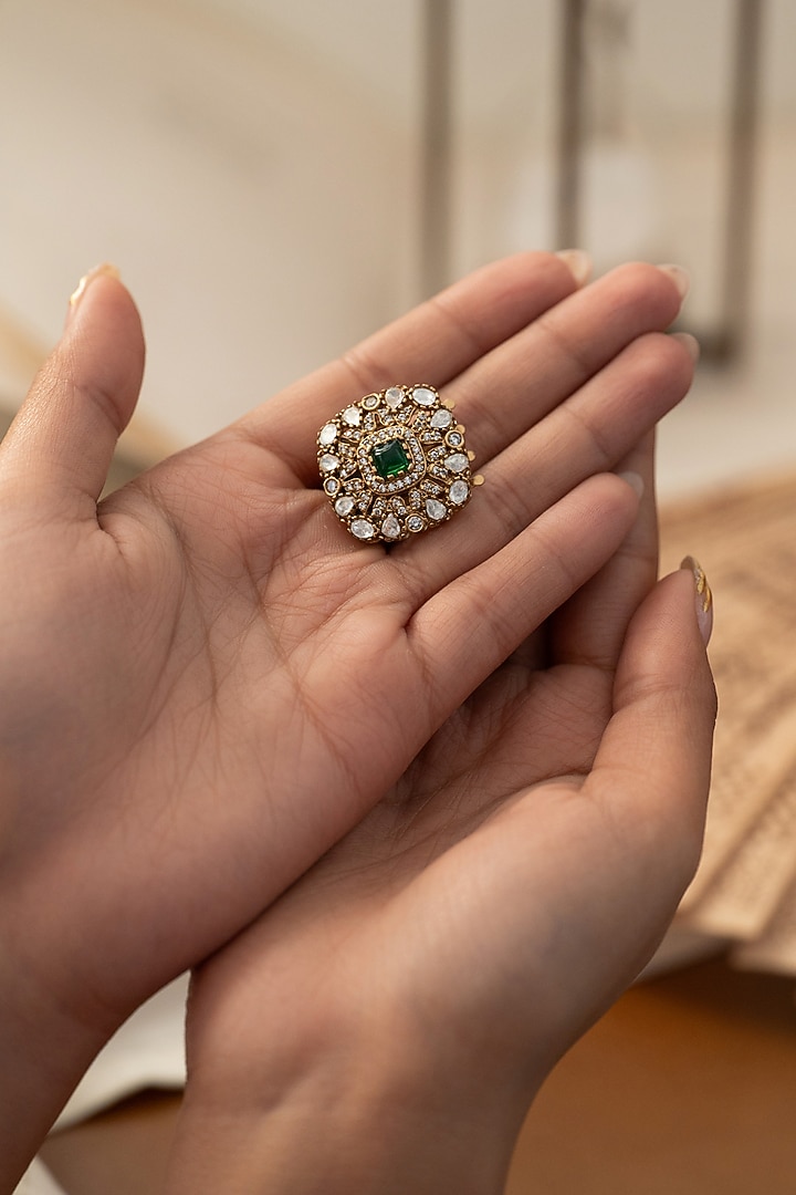 Gold Plated Kundan Polki & Green Stone Braid Pin by Do Taara at Pernia's Pop Up Shop