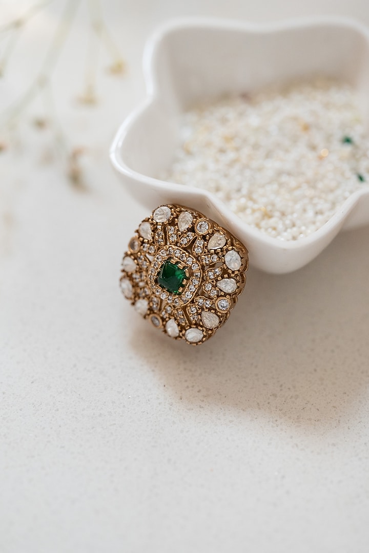 Gold Plated Kundan Polki & Green Stone Braid Pin by Do Taara at Pernia's Pop Up Shop