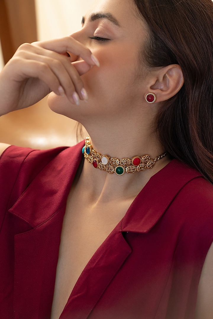 Gold Plated Multi-Colored Natural Stone Choker Necklace by Do Taara at Pernia's Pop Up Shop