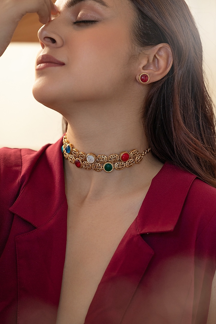 Gold Plated Multi-Colored Natural Stone Choker Necklace by Do Taara at Pernia's Pop Up Shop