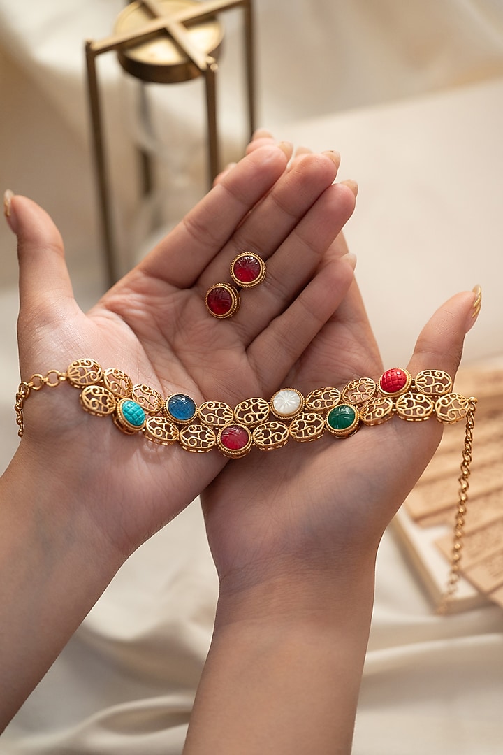Gold Plated Multi-Colored Natural Stone Choker Necklace by Do Taara at Pernia's Pop Up Shop