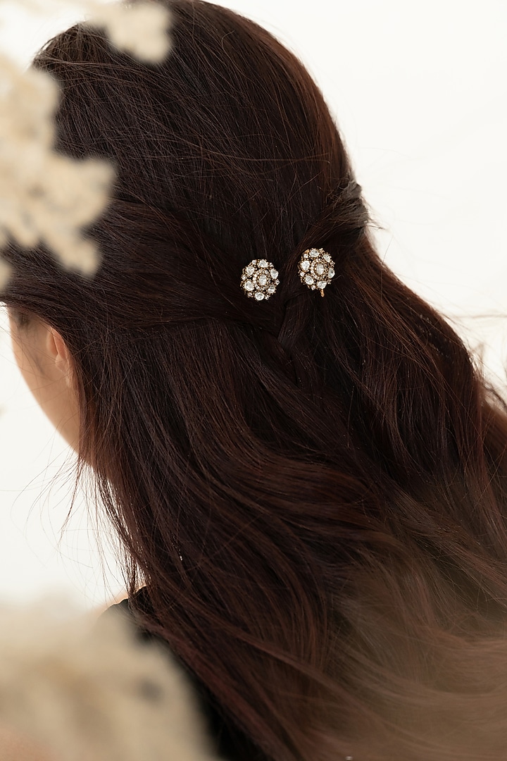 Gold Plated Kundan Polki & Cubic Zirconia Braid Pin (Set Of 2) by Do Taara at Pernia's Pop Up Shop