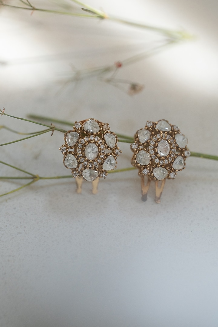 Gold Plated Kundan Polki & Cubic Zirconia Braid Pin (Set Of 2) by Do Taara at Pernia's Pop Up Shop